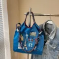 Large capacity blue nylon embroidery tote bag, casual lightweight shoulder crossbody bag - Dark Blue