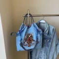 Large capacity embroidered canvas tote bag, stylish shoulder crossbody bag for casual daily use. - 40*10*35 / Light Blue