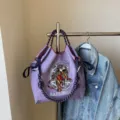 Purple canvas tote bag with embroidered lion pattern, casual large capacity shoulder bag - 40*10*35 / Purple