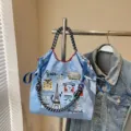 Fashion women large capacity nylon tote bag with Paris theme embroidery design casual shoulder bag - Light Blue