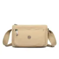 Solid color nylon crossbody bag for women, casual multi-pocket shoulder bag with wide strap. - Beige
