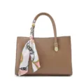Borsa a mano marrone in pelle con foulard di seta stampato elegante per le donne. - Kaki