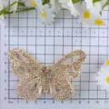 Detailed view of the 3D rhinestone butterfly patch shown on a measuring grid for sizing. - Champagne