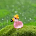 Miniature Pink Flamingo Figurine Cute Resin Garden Ornament with Yellow Hat Size 2cm - Glossy Luminous - Straw Hat