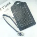 Black rhinestone card holder luggage tag PU leather ID badge holder with strap for travel - Black Rhinestone Luggage Tag