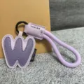 Close-up detail of the purple letter W leather keychain with exquisite stitching and strap. - Letter W