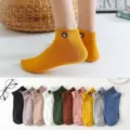 Women short boat socks with cute bear embroidery, multi-color breathable cotton socks. - Bear Short Socks