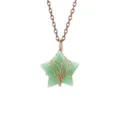 Detail view of a green crystal star pendant necklace with copper wire wrapped tree of life. - Antique Copper + Green Aventurine