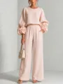 Completo elegante in due pezzi con top a maniche lunghe e pantaloni larghi floreali. - XS / Top e Pantaloni / Rosa