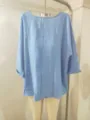 Blouse femme ample bleu clair décontractée col V manches courtes pull haut d'été quotidien - S / Hauts / Bleu clair
