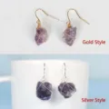 Natural raw crystal stone drop earrings with wire wrapped hook design for women variant. - Gold Wire Wrapped Style / Amethyst