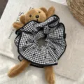 Mignon ours en peluche noir blanc à carreaux chouchou esthétique bordure florale accessoire - Noir (Cœur)