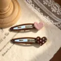 Joli ensemble de pinces à cheveux cœur marron pinces latérales pois roses doux femmes filles. - Paire de Pinces à Cheveux Cœur Pois / Rose Café