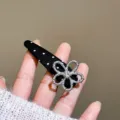 Barrette BB en velours à pois avec fleur creuse et cristal pour femmes, accessoire chic. - Pince à Cheveux Fleur à Pois Noir