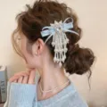 pince a cheveux ruban noeud perle coeur style coreen epingle elegante jolie accessoire - Barrette à Cheveux Nœud Glands de Perles / Bleu
