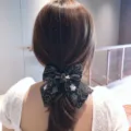 Black organza double bow hair clip with white floral embroidery elegant hair accessory - Style B - White