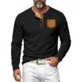 Men's long sleeve henley shirt with contrast pocket and button placket rib knit top casual - S / Tops / Black