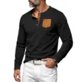 Camiseta Henley de manga larga para hombre de punto gofrado con bolsillo y botones negro. - S / Negro