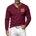 Men's long sleeve corduroy Henley shirt with contrast pocket and button placket for casual wear. - S / Tops / Burgundy