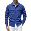 Men's royal blue suede long sleeve shirt jacket with double flap pockets and button front. - S / Tops / Sapphire Blue