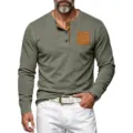 Men's long sleeve waffle knit henley shirt with contrast pocket and button placket - Army Green