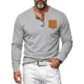 Men's long sleeve waffle knit Henley shirt with contrast pocket and button placket - S / Tops / Light Gray