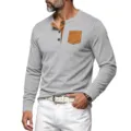 Camisa Henley de manga larga para hombre casual con bolsillo en el pecho de contraste. - S / Gris claro