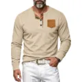 Men's Corduroy Long Sleeve Henley Shirt with Contrast Pocket Casual Fashion Tee Top - S / Tops / Apricot