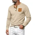 Vista detallada de camiseta henley de manga larga para hombre con bolsillo y botonadura a contraste. - Albaricoque