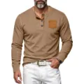 Men's waffle knit long sleeve Henley shirt featuring contrast chest pocket and button placket. - Brown