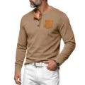 Camisa Henley de Manga Larga para Hombre Canelé con Bolsillo de Contraste Moda Top - Marrón
