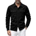 Men's suede shirt jacket long sleeve utility button down outerwear with double chest pockets - S / Tops / Black