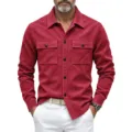 Homme chemise veste en suédine rouge manches longues style décontracté poches poitrine - S / Hauts / Rouge