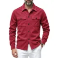 Detail view of mens faux suede shirt jacket with dual chest pockets and long sleeves in red. - S / Tops / Red
