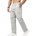 Close-up details of men light grey straight cargo pants, multi-pockets and elastic waistband. - XXS / Bottoms / Light Gray