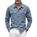 Veste chemise manches longues en suédine pour homme style utilitaire décontracté avec poches - S / Hauts / Bleu clair