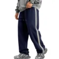 Men's thick fleece-lined wide leg sweatpants with side stripes casual cozy knit winter pants - Navy Blue