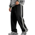 Men's fleece-lined wide leg sweatpants with side stripes, casual loose winter joggers. - S / Bottoms / Black