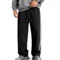Men's fleece-lined side stripe sweatpants heavy knit loose casual sports long pants detail - S / Bottoms / Black