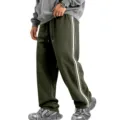 Side stripe fleece lined wide leg sweatpants detail, winter warm casual trousers. - Army Green