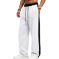 Men's fleece-lined wide leg sweatpants with contrast side stripes, casual knit trousers. - S / Bottoms / White