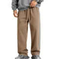 Men's fleece lined wide leg sweatpants with side stripes, heavy knit casual athletic pants. - Camel