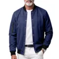 Men faux suede bomber jacket featuring snap button closure, ribbed cuffs, and sleeve pocket. - S / Tops / Navy Blue