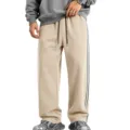 Men side stripe wide leg sweatpants casual loose knit lounge pants comfortable trousers - Apricot