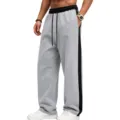Detail view of men casual wide-leg sweatpants featuring contrast black side stripes and drawstring. - S / Bottoms / Light Gray