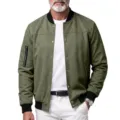 Men's faux suede bomber jacket with ribbed cuffs, snap button closure, and stylish baseball collar. - S / Tops / Army Green