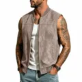 Herren Freizeit Wildleder Optik Weste ärmellose Reißverschluss Jacke in Taupe Braun. - S / Oberteile / Braun