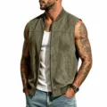 Herren Olivgrün Wildleder Reißverschluss Weste Lässige Ärmellose Baseball Kragen Jacke - S / Oberteile / Armeegrün