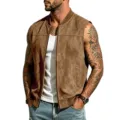 Herren braune Wildleder Weste ärmellos Baseballkragen Freizeit Sommer Herrenbekleidung neu - Karamellbraun