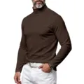 Men slim fit dark brown turtleneck long sleeve t-shirt casual solid color base layer top - Brown